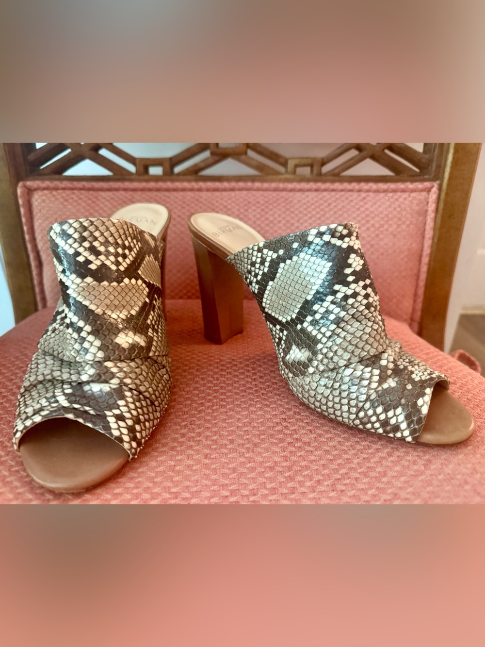 Alexandre Birman Snakeskin Peep-Toe Mules in Black and Cream